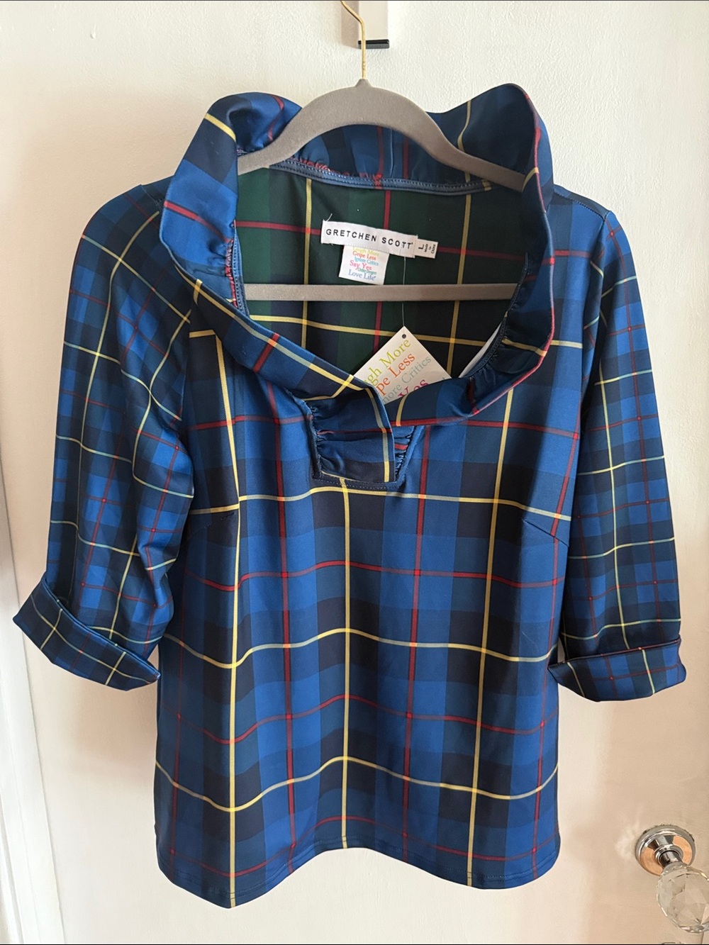 Gretchen Scott Designs Blue Plaid Ruffle Collar Top with Yellow & Red Accents